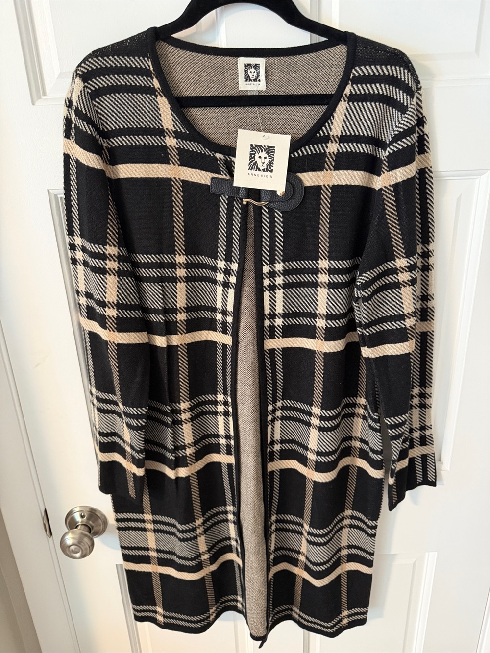NWT Anne Klein Black & Tan Plaid Long Knit Duster Cardigan Sweater - Size Small
